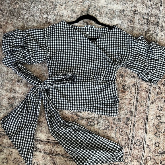 Lioness Women Esmeralda Wrap Top Gingham Black White Check Front Tie XS Stylish - Picture 4 of 15